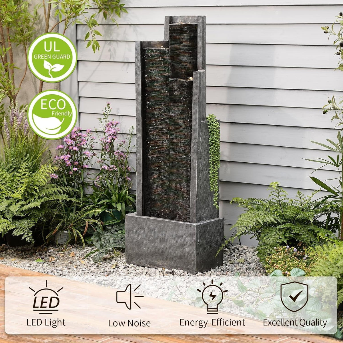 2026 NewOutdoor Modern Waterfall Fountain Water Fall Fountains with LED Lights for Garden, Patio, Backyard, Deck, Porch and Home Decor