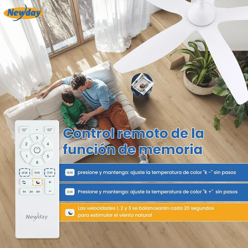 2026 Newday Ventilador de techo de 153 cm, blanco, con luz y mando a distancia, regulador LED, motor DC reversible, 5 aspas silenciosas