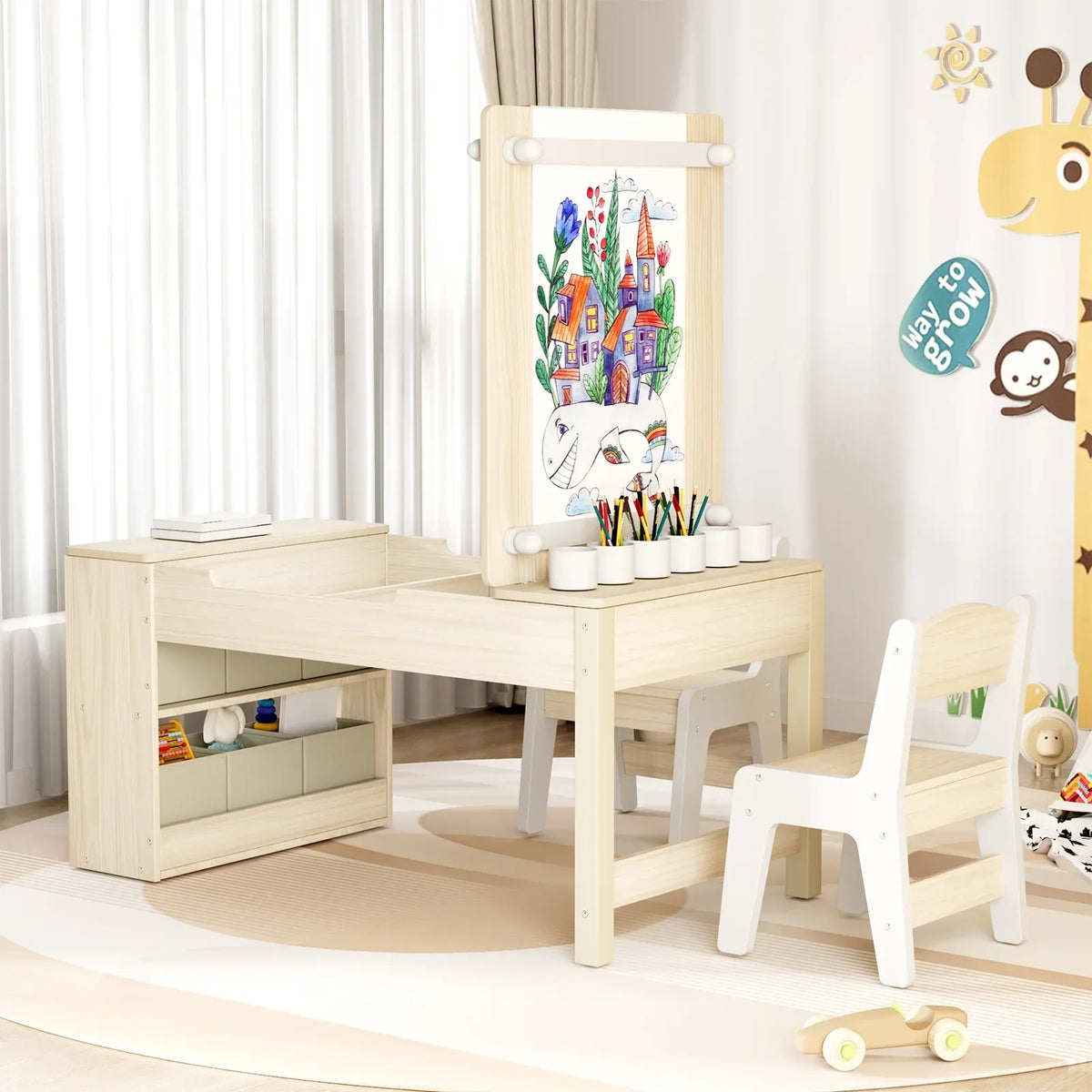 2026 NewLAZY BUDDY Kids Art Table and 2 Chairs Set, 2 in 1 Easel & Toddler Craft Table and Chairs Set with Storage Bins, Paint Cups and Paper Roll, Activity Table Set for Children 3+