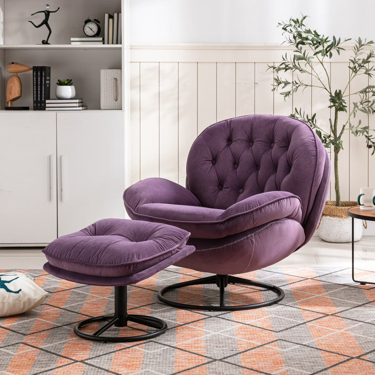 2026 NewVelvet Swivel Accent Chair with Ottoman, Modern Chaise Lounge Chair with Metal Frame and Footstool, Comfy Armchair Reading Chair for Living Room Bedroom Office,Blue