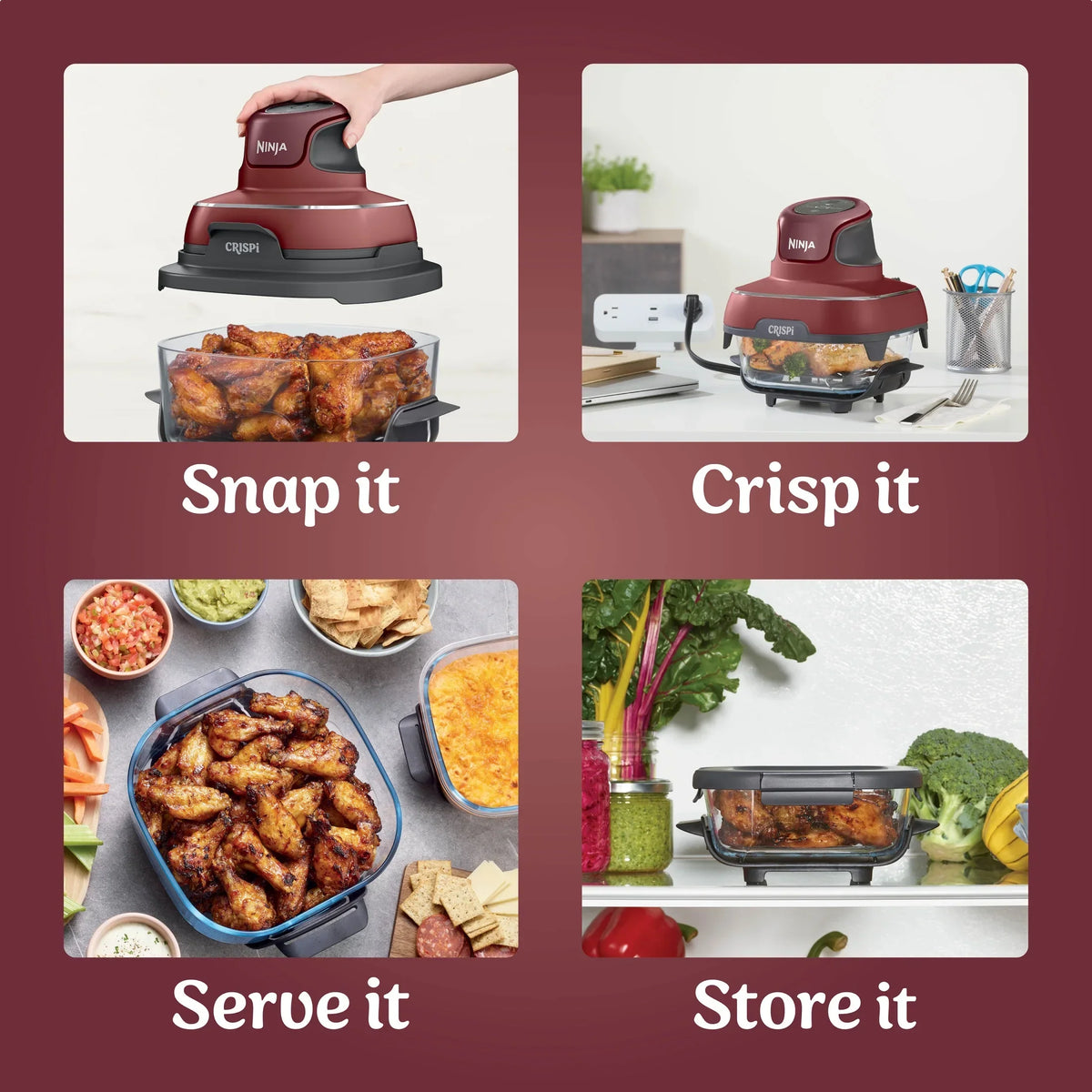 2026 NewNinja Crispi 3-in-1 Portable Glass Air Fryer Cooking System, 1500W, 4-Qt & 5-Cup TempWare Glass Containers with Storage Lids, Microwave, Freezer & Dishwasher Safe, White, FN100WH