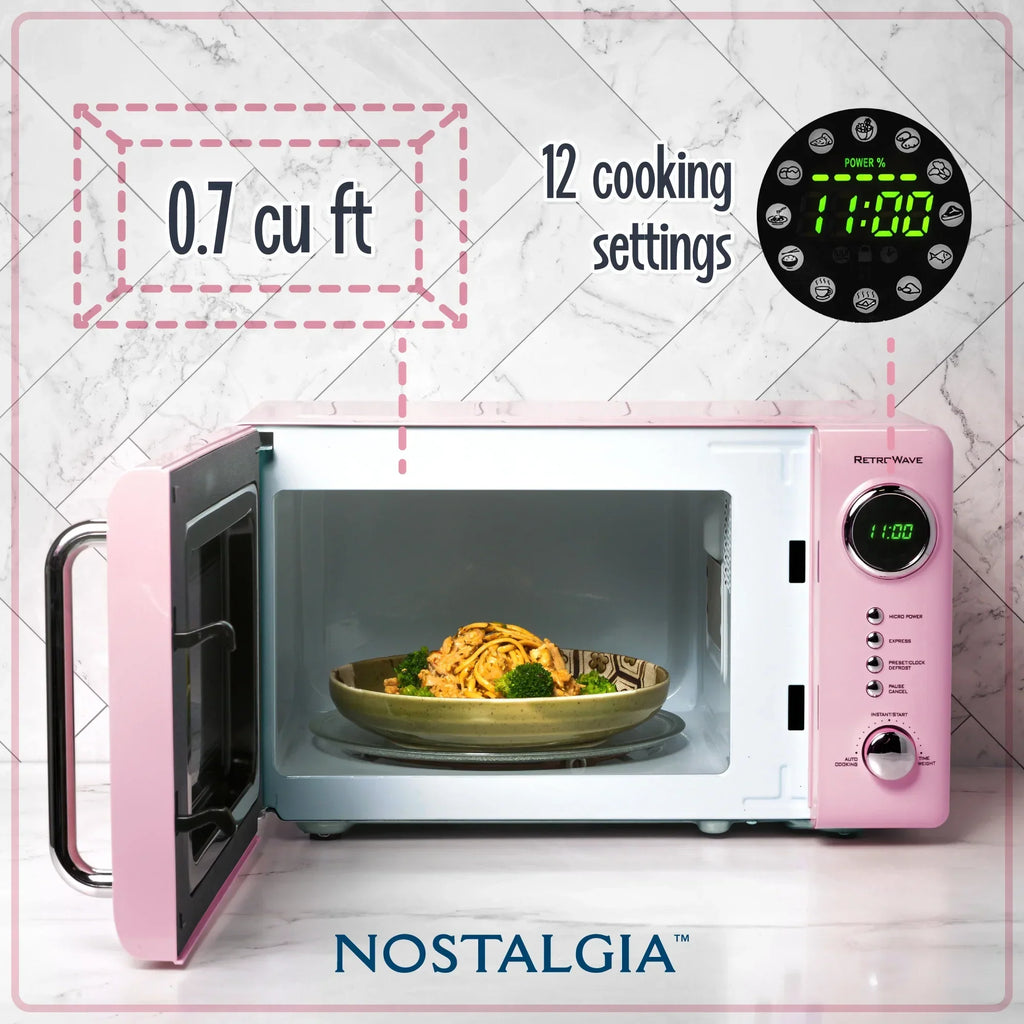 2026 NewNostalgia Retro Microwave for Countertop 0.7 cu ft Vintage Microwave, Pink