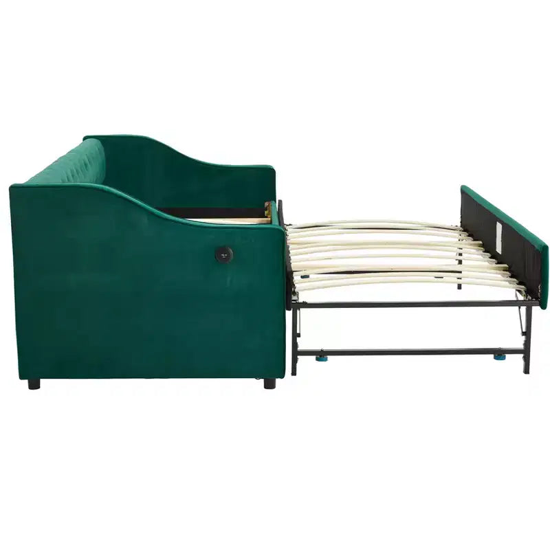 2026 Cama sofá Twin con cama nido, tapizada en terciopelo, puerto USB y bolsillos laterales - ModernLuxe