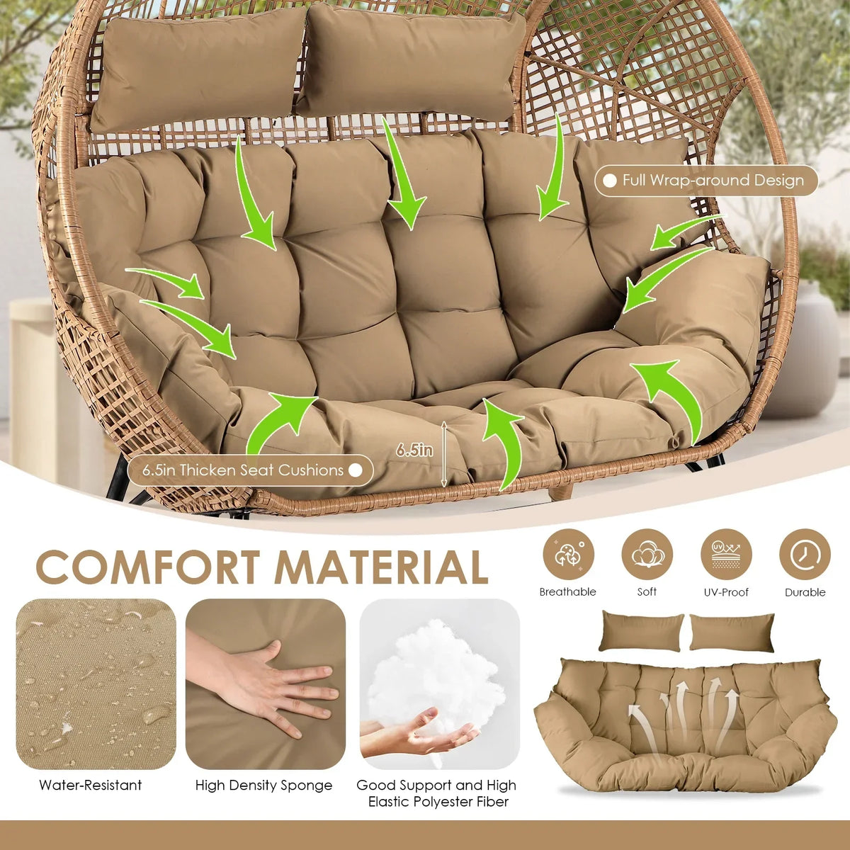 2026 NewRADIATA Double Egg Chair for 2 Person, Oversized Wicker Loveseat with Thick Cushions, 680 lbs Capacity, Indoor Outdoor Stationary Patio Lounge Chair for Balcony, Garden, Beige