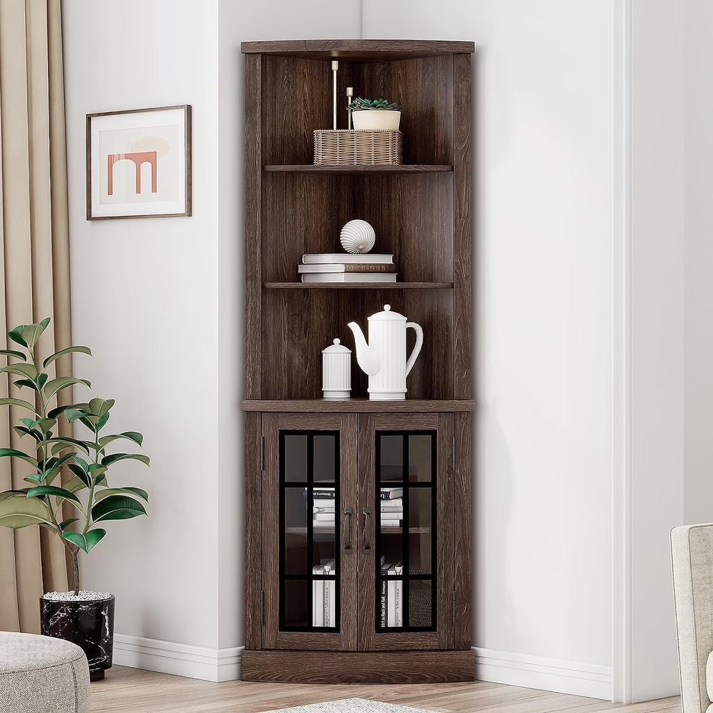 2026 NewMerluxy Curved Corner Cabinet, 65" Wood Bookcase with 3 Shelves, Distressed White