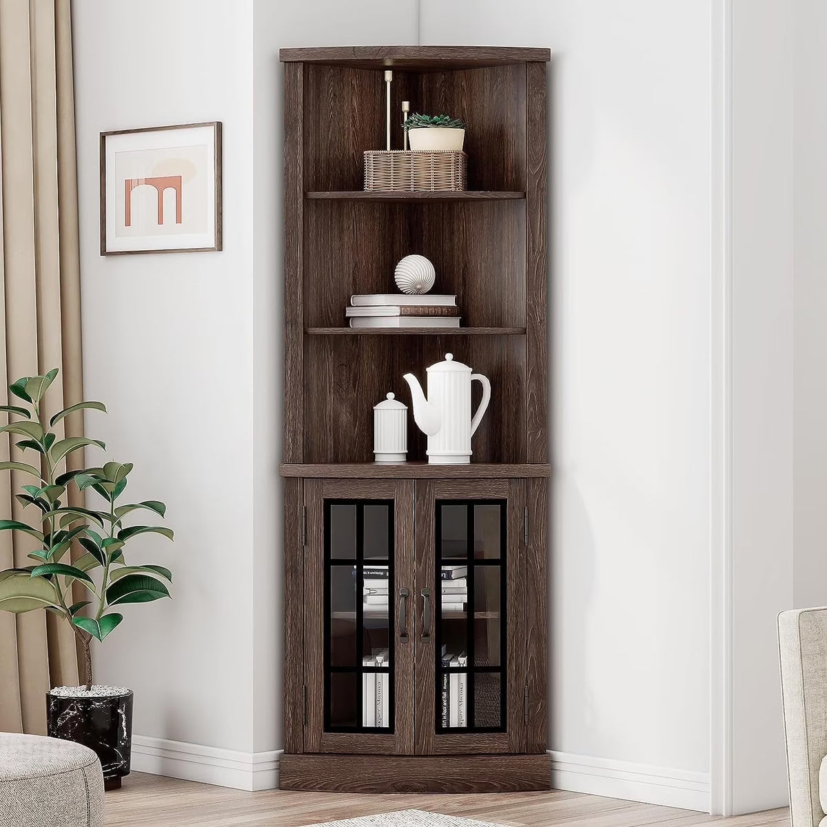 2026 NewMerluxy Curved Corner Cabinet, 65" Wood Bookcase with 3 Shelves, Distressed White