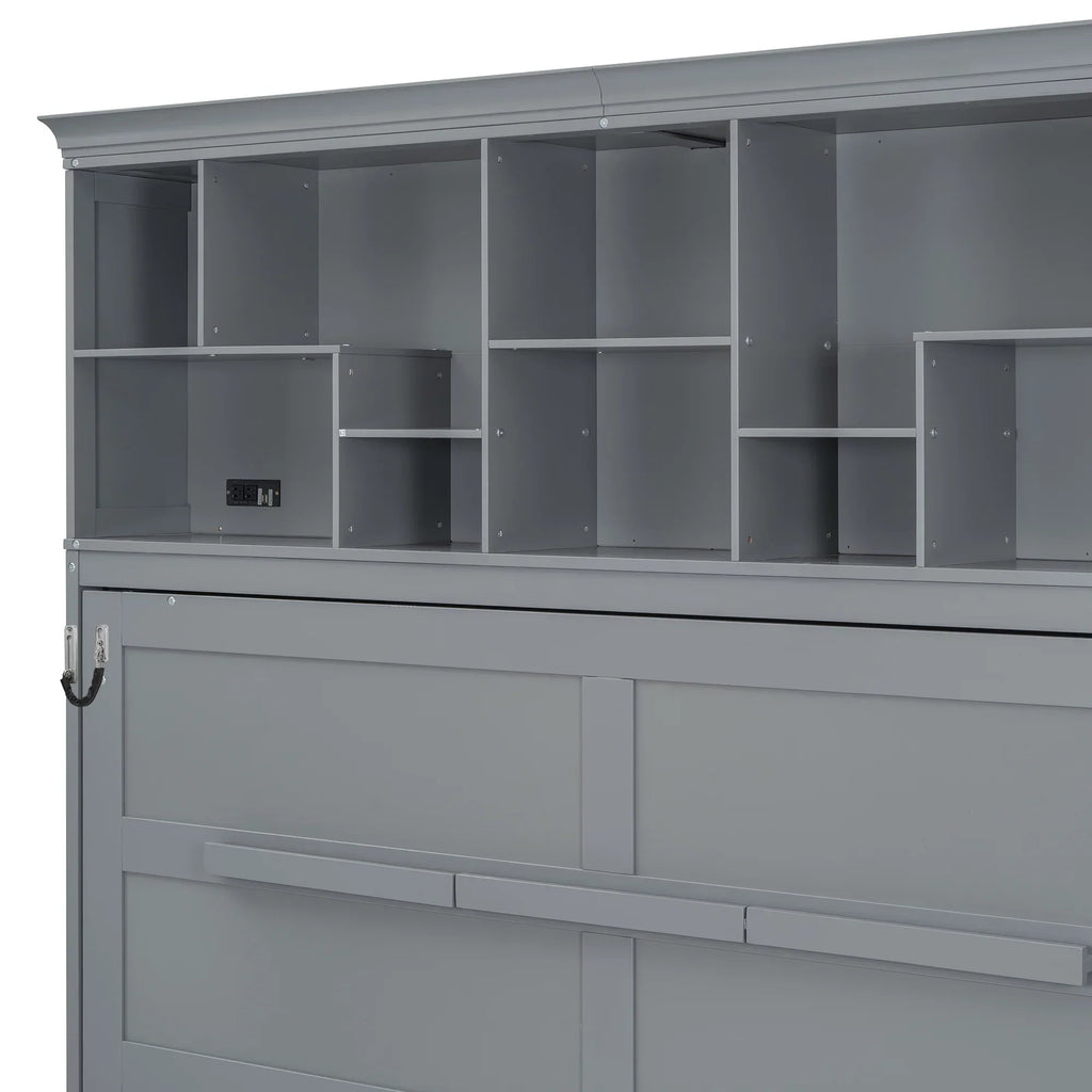 2026 NewQueen Size Murphy Bed Wall Bed with Top Shelves & USB Charging, Space-Saving Cabinet Bed with Flexible Slats, Gray Modern Foldable Bed