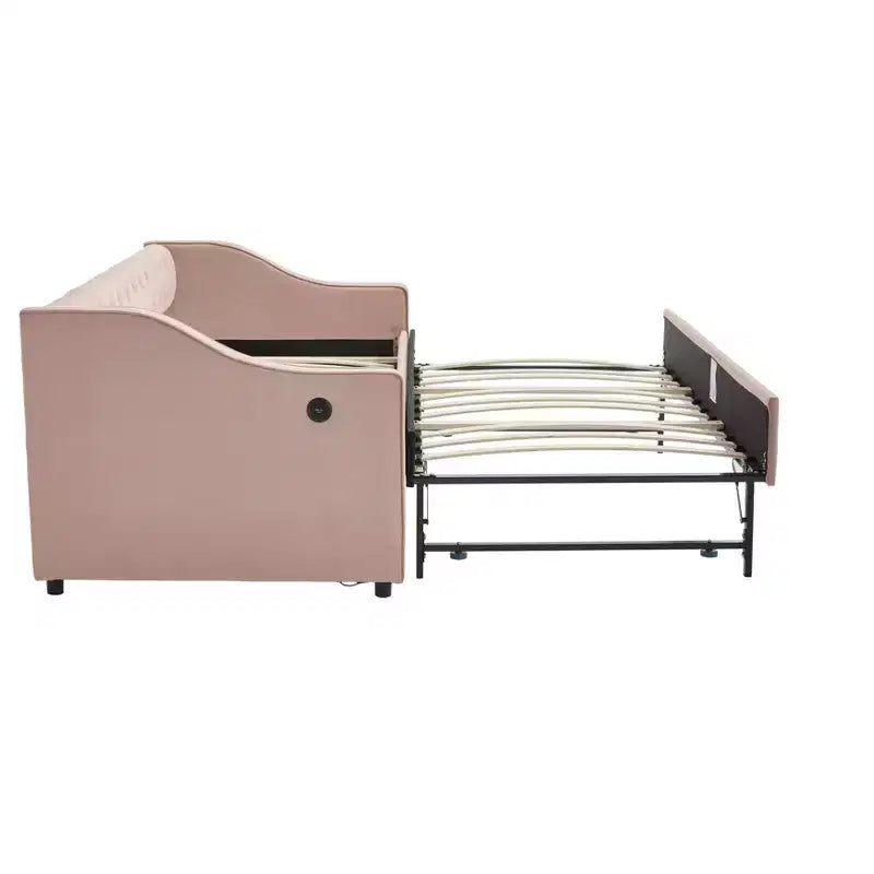2026 Cama sofá Twin con cama nido, tapizada en terciopelo, puerto USB y bolsillos laterales - ModernLuxe