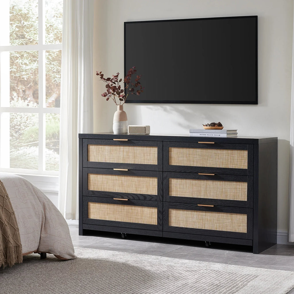 2026 NewSICOTAS 56.85" 6 Drawer Dresser,Rattan Dresser with Storage,Boho Dressers & Chests of Drawers Wooden Tall Dresser for Bedroom