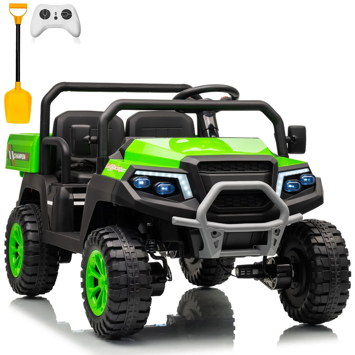 2026 NewJoyracer 4WD 24 Volt Ride on Toys UTV with 2 Seater & Remote Control, Kids Electric Golf Cart w/ 4x200W Power Motors, Tiltable Trailer & Shovel, 4 Wheels Spring Suspension, Bluetooth USB Music, Black
