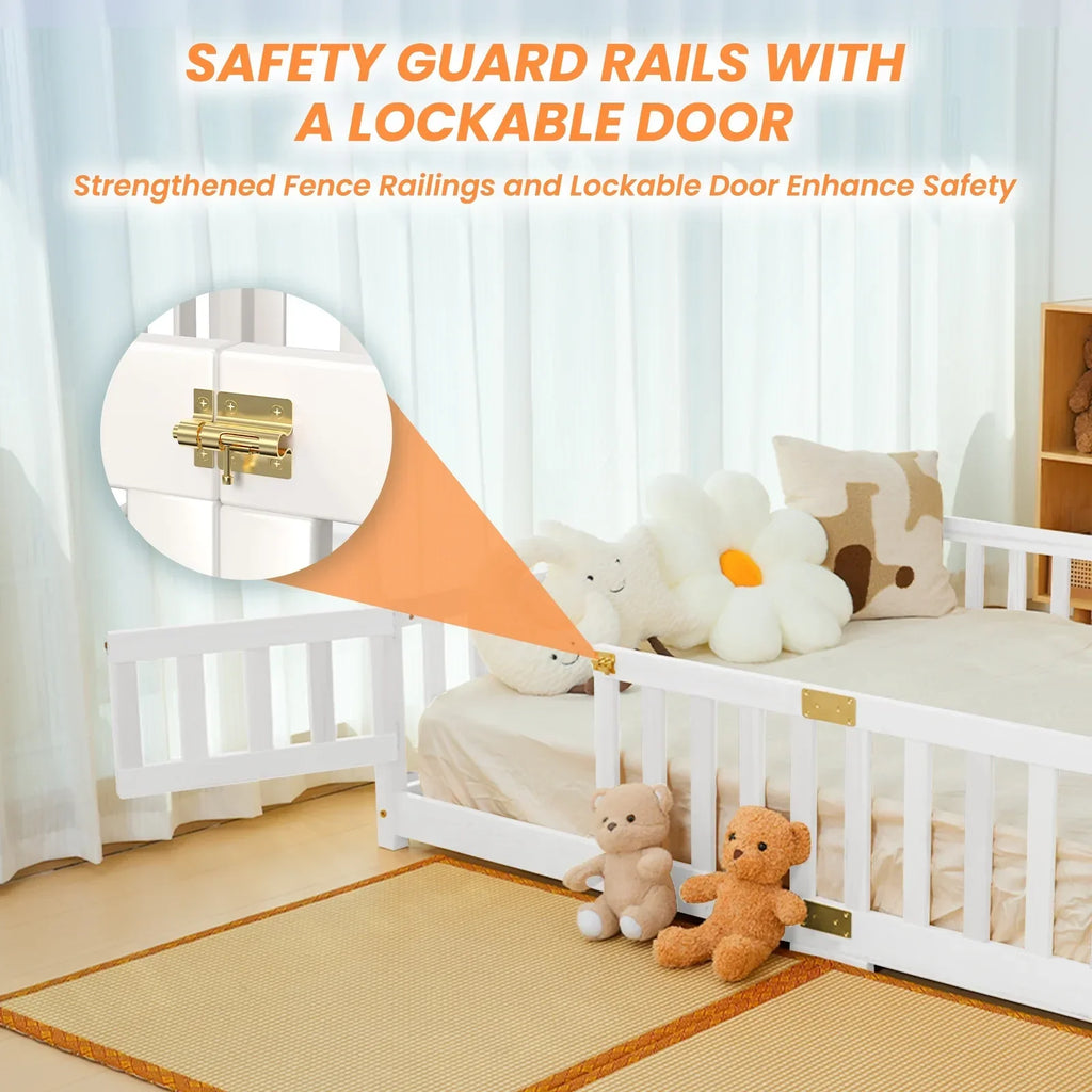 2026 NewSlsy Twin Size Toddler Floor Bed, Solid Wood Montessori Bed Frame with Fence & Door Montessori Floor Bed Crib with Safety Guardrails for Girls and Boys