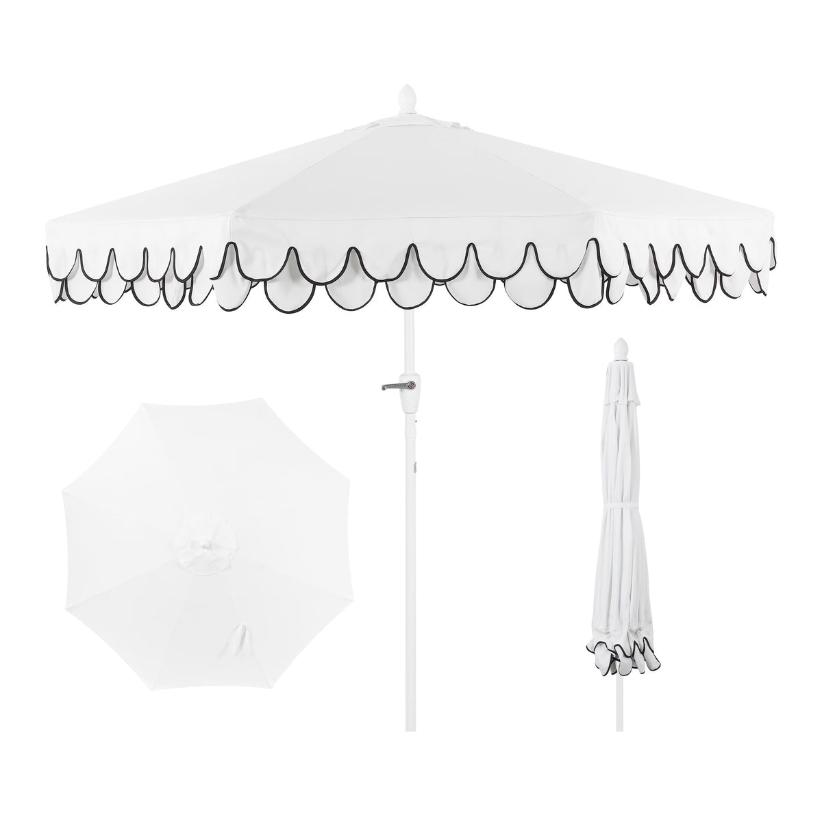 2026 NewJONATHAN Y Tracy 9 ft. Market Patio Umbrella, Classic Mid-Century Scalloped Fringe, with Auto-Tilt Crank, Wind Vent and UV Protection, Coral Pink/White, Dark Brown Pole