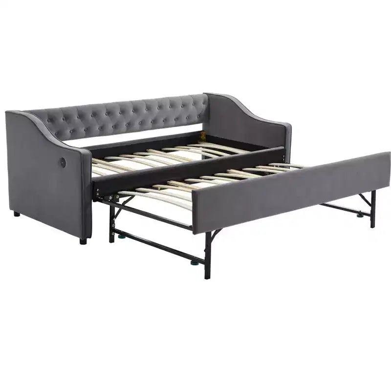2026 Cama sofá Twin con cama nido, tapizada en terciopelo, puerto USB y bolsillos laterales - ModernLuxe