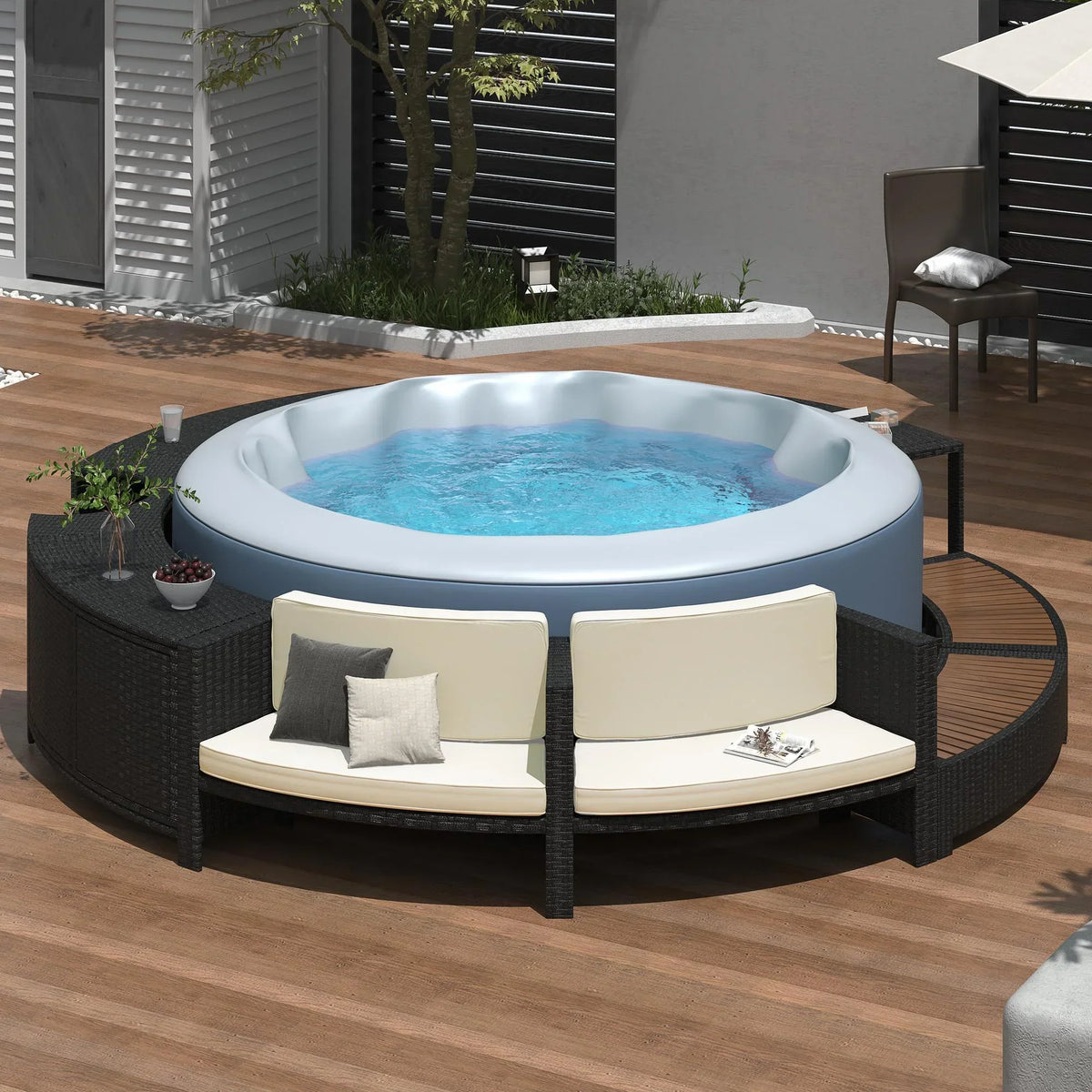 2026 NewRound Hot Tub Surround Furniture, Spa Surround Outdoor Rattan Sectional Sofa Set with Mini Sofa, Solid Acacia Wood Hot Tub Storage Surround Patio Furniture Set, Gray Cushion