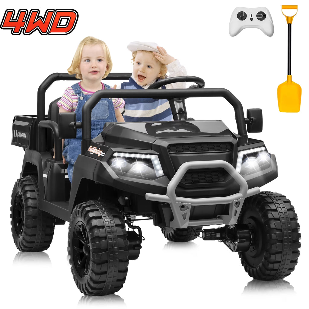 2026 NewJoyracer 4WD 24 Volt Ride on Toys UTV with 2 Seater & Remote Control, Kids Electric Golf Cart w/ 4x200W Power Motors, Tiltable Trailer & Shovel, 4 Wheels Spring Suspension, Bluetooth USB Music, Black