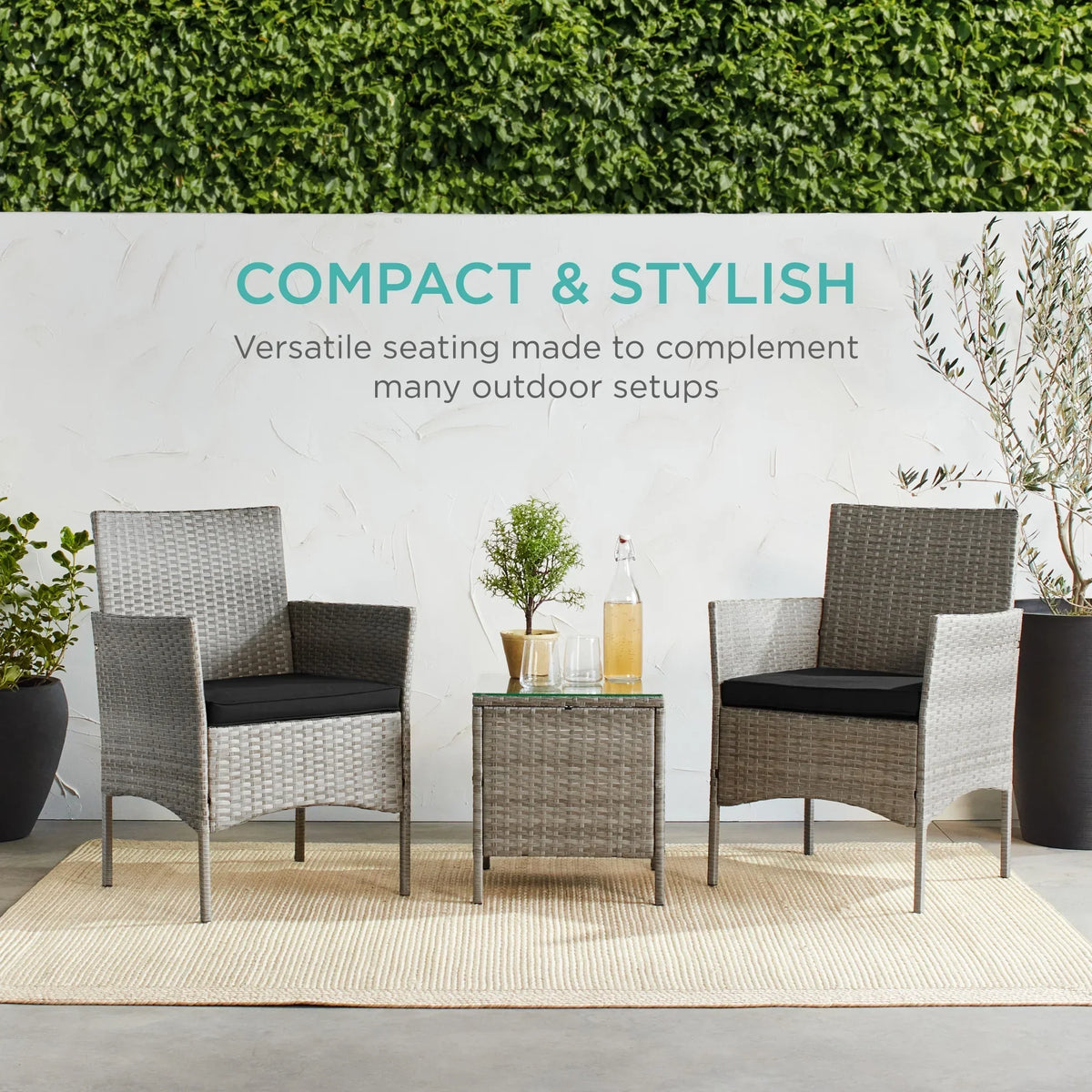 2026 NewBest Choice Products 3-Piece Outdoor Wicker Conversation Patio Bistro Set, w/ 2 Chairs, Table - Gray/Navy