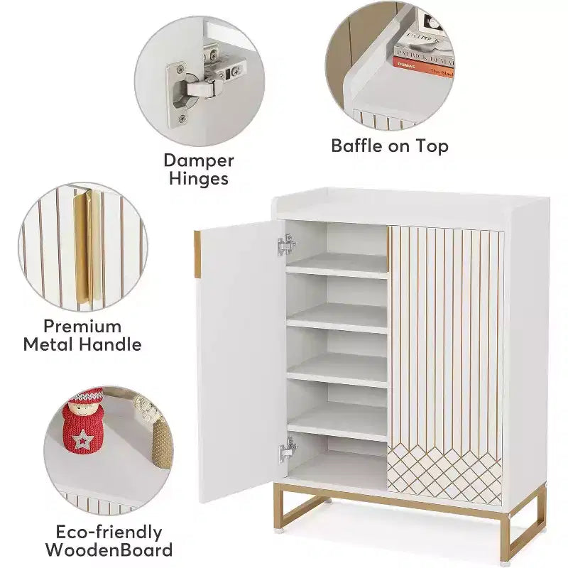 2026 Zapatero de madera de 5 niveles con puertas, capacidad para 25 pares, blanco