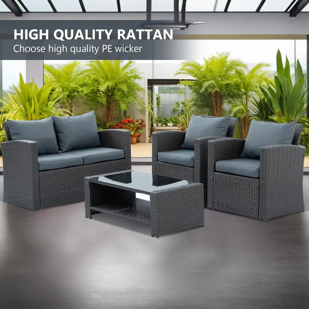 2026 New7 Piece Patio Furniture Sets Outdoor Sectional PE Rattan Outdoor Furniture Patio Conversation Set with Cushions and Glass Coffee Table, for Balcony Lawn and Garden, Gray