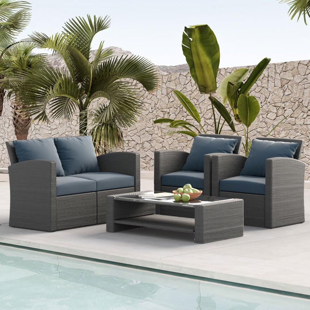 2026 New7 Piece Patio Furniture Sets Outdoor Sectional PE Rattan Outdoor Furniture Patio Conversation Set with Cushions and Glass Coffee Table, for Balcony Lawn and Garden, Gray