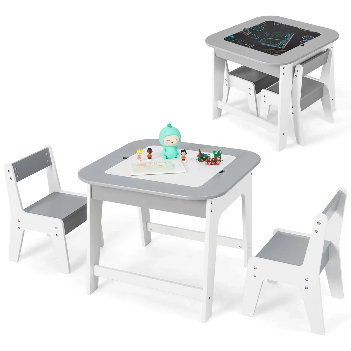 2026 NewOLAKIDS Kids Table and Chair Set, 3 in 1 Wooden Activity Table with Removable Tabletop, Blackboard and Whiteboard for Toddlers Arts Crafts Drawing Reading Playing, Playroom Nursery (Natural)