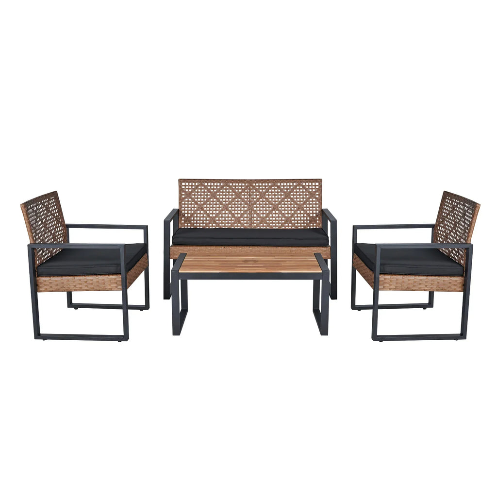 2026 NewHeavy-duty Patio Furniture Set, 4 Piece Outdoor Sectional Conversation Sets, BrownPE Rattan Patio Sofa Set with Blue Cushions