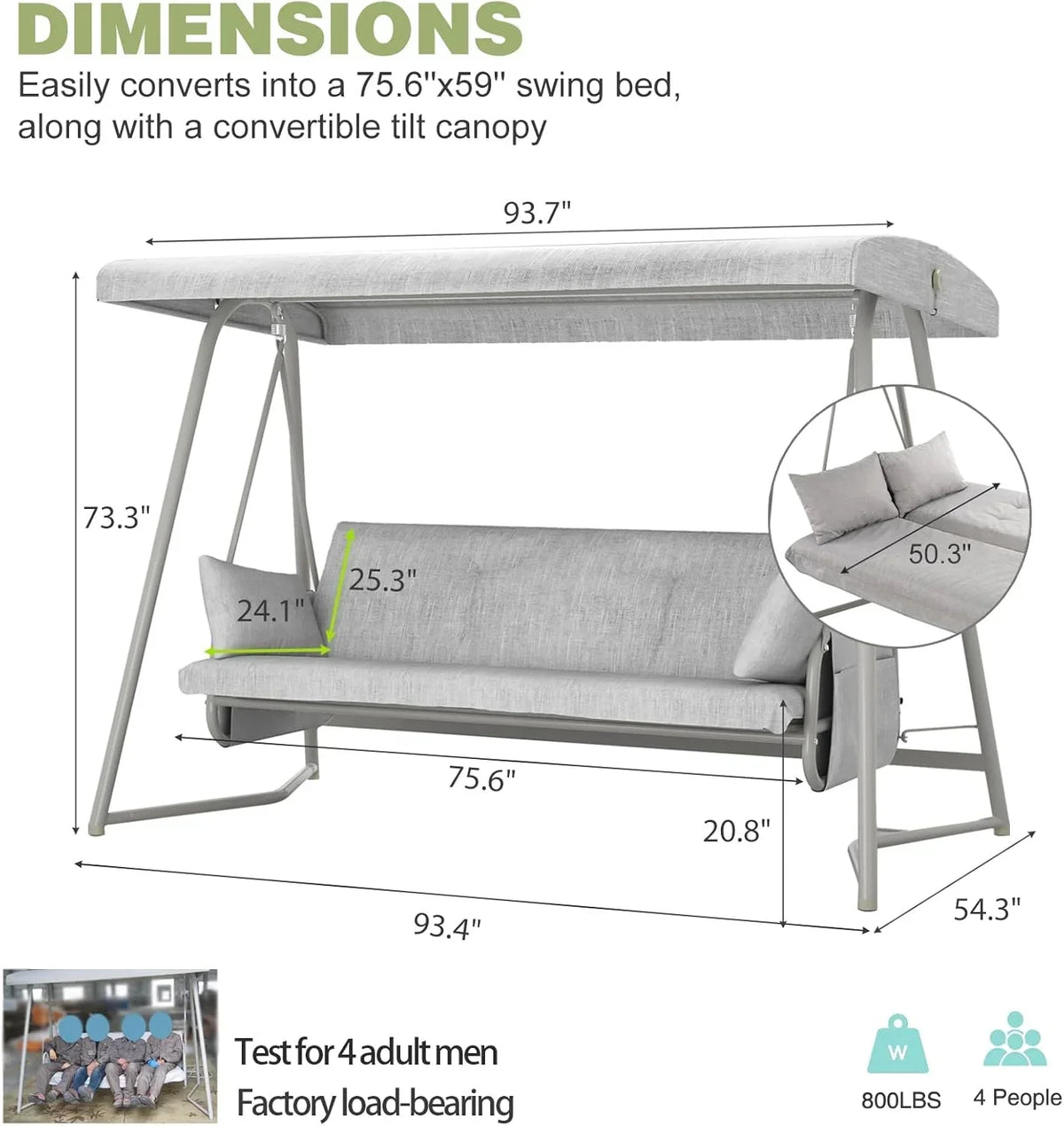2026 NewTQKVIPI Oversized 4 Person Outdoor Porch Swing with Adjustable Backrest Canopy,2-in-1 Swing Bed 800 lbs Capacity,Patio Swing with Removable Cushions for Yard Garden Poolside Balcony