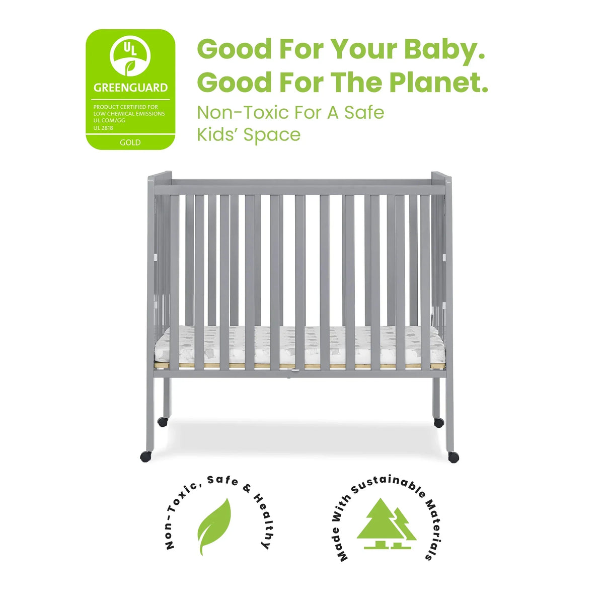 2026 NewDelta Children Lee Portable Folding Mini Crib with 1.5-Inch Mattress - Greenguard Gold Certified, Bianca White