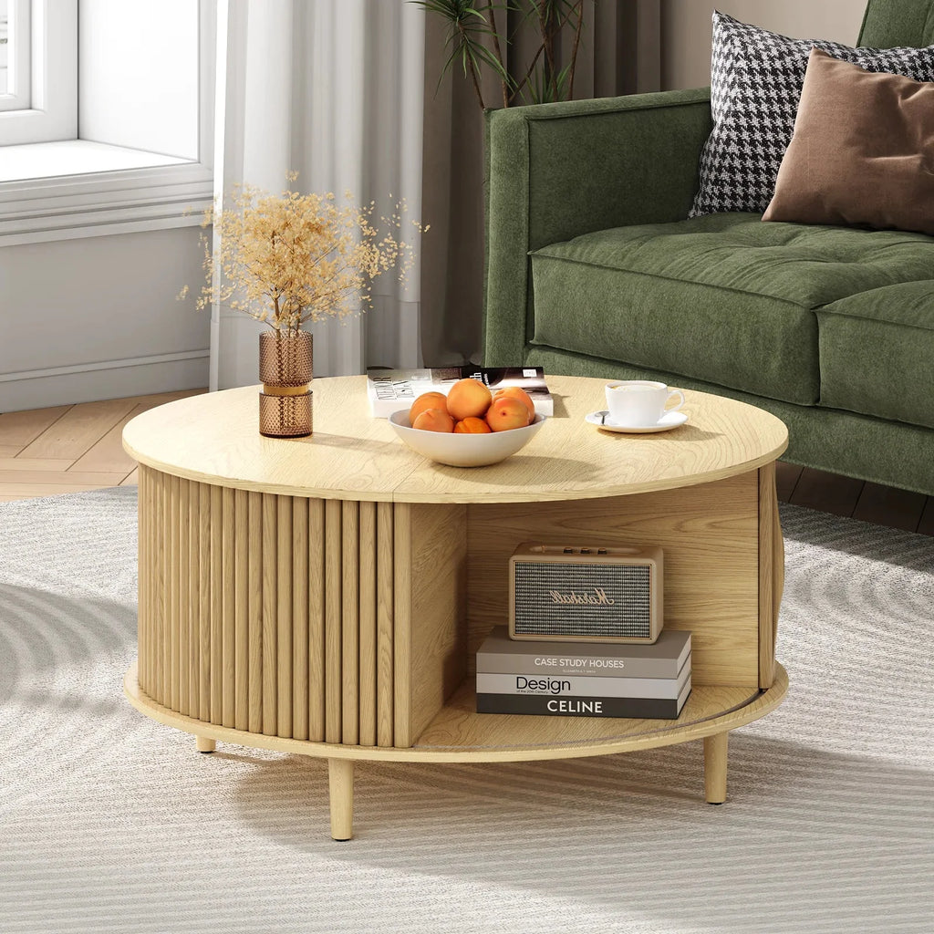 2026 NewJOINICE Round Coffee Table with Storage and Sliding Door,Mid Century Modern Wooden Center Table,for Living Room,Walnut