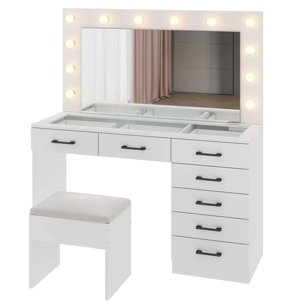 2026 NewKtaxon Large Makeup Vanity, Vanity Table Set w/ Visible Glass Top w/ Charging Station, White