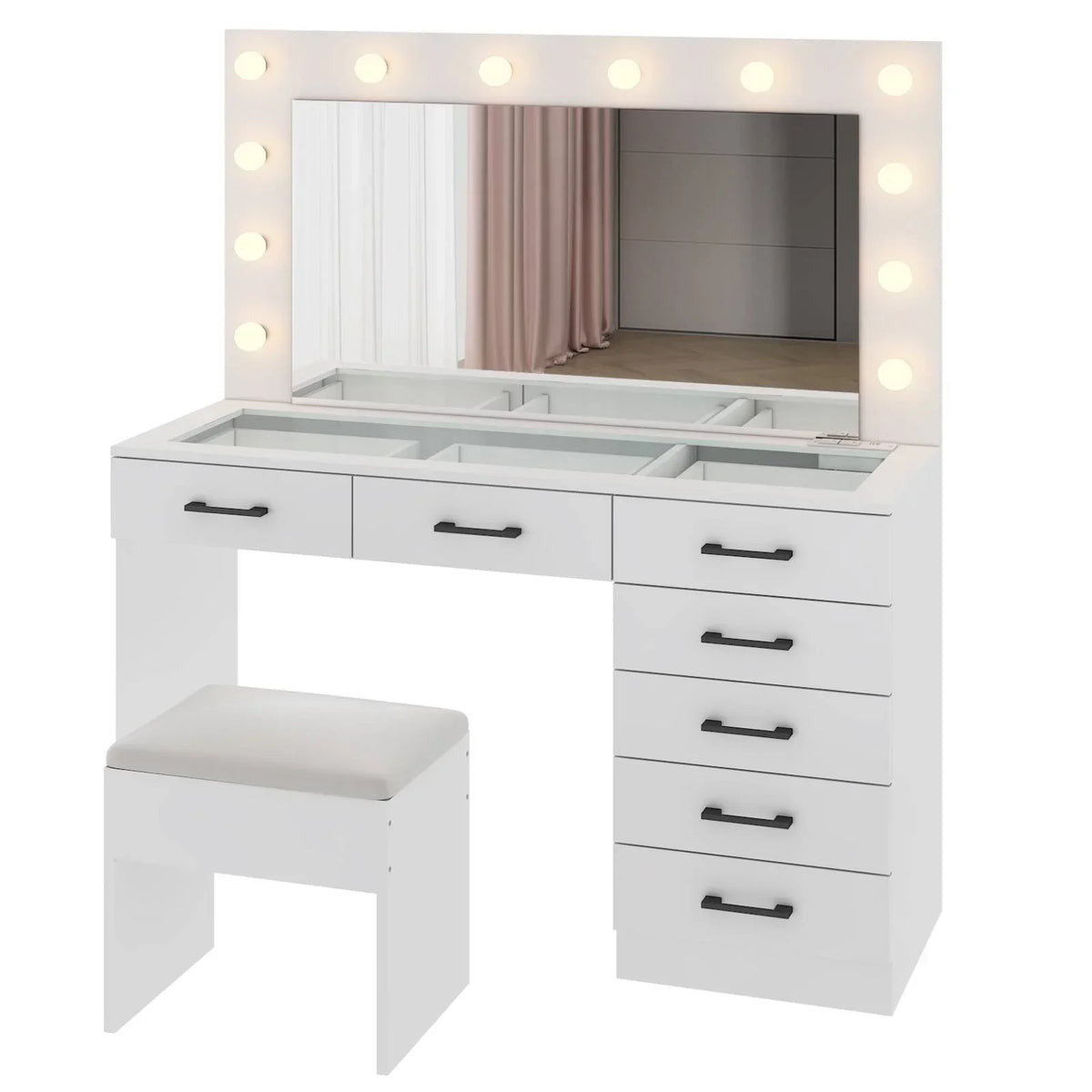 2026 NewKtaxon Large Makeup Vanity, Vanity Table Set w/ Visible Glass Top w/ Charging Station, White