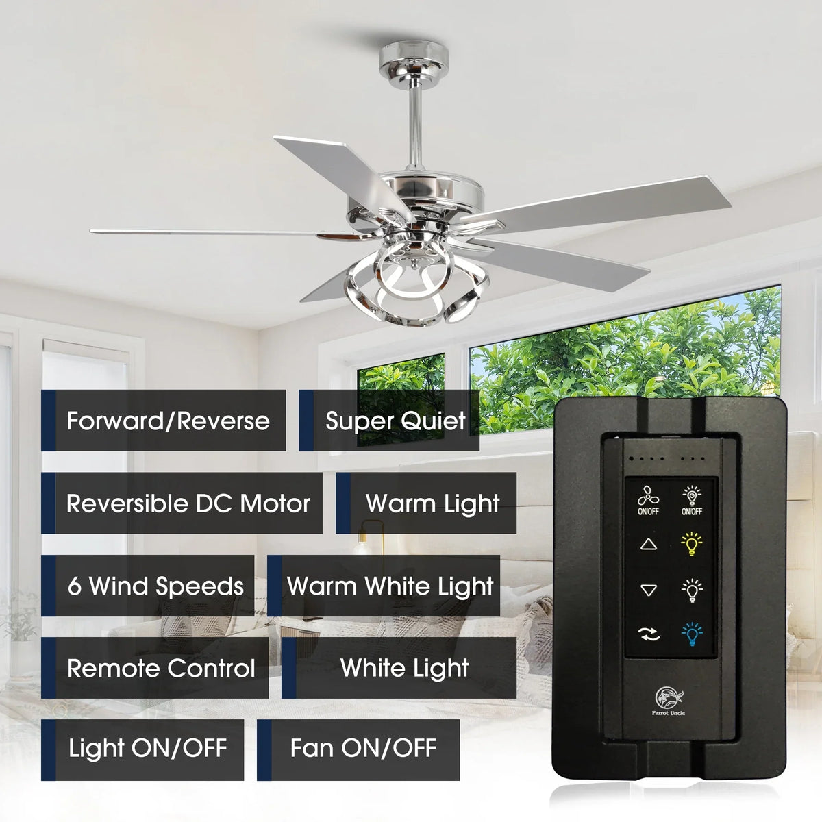 2026 NewParrot Uncle 52-Inch Contemporary Chrome Ceiling Fan with Integrated LED Lights and Remote Control