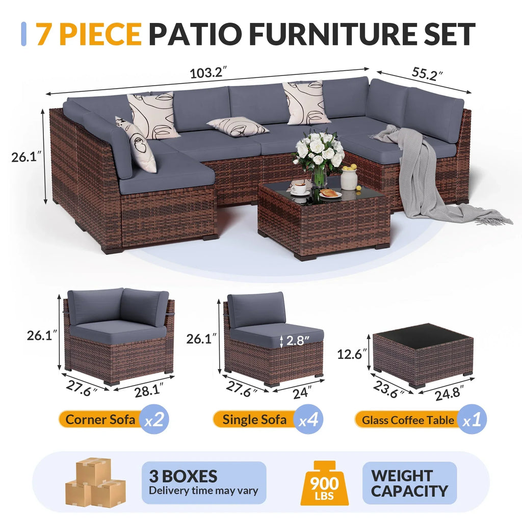 2026 NewELPOSUN 7 Pieces Patio Furniture Set, Outdoor Furniture Sectional Rattan Sofa for Backyard Garden Dark Grey