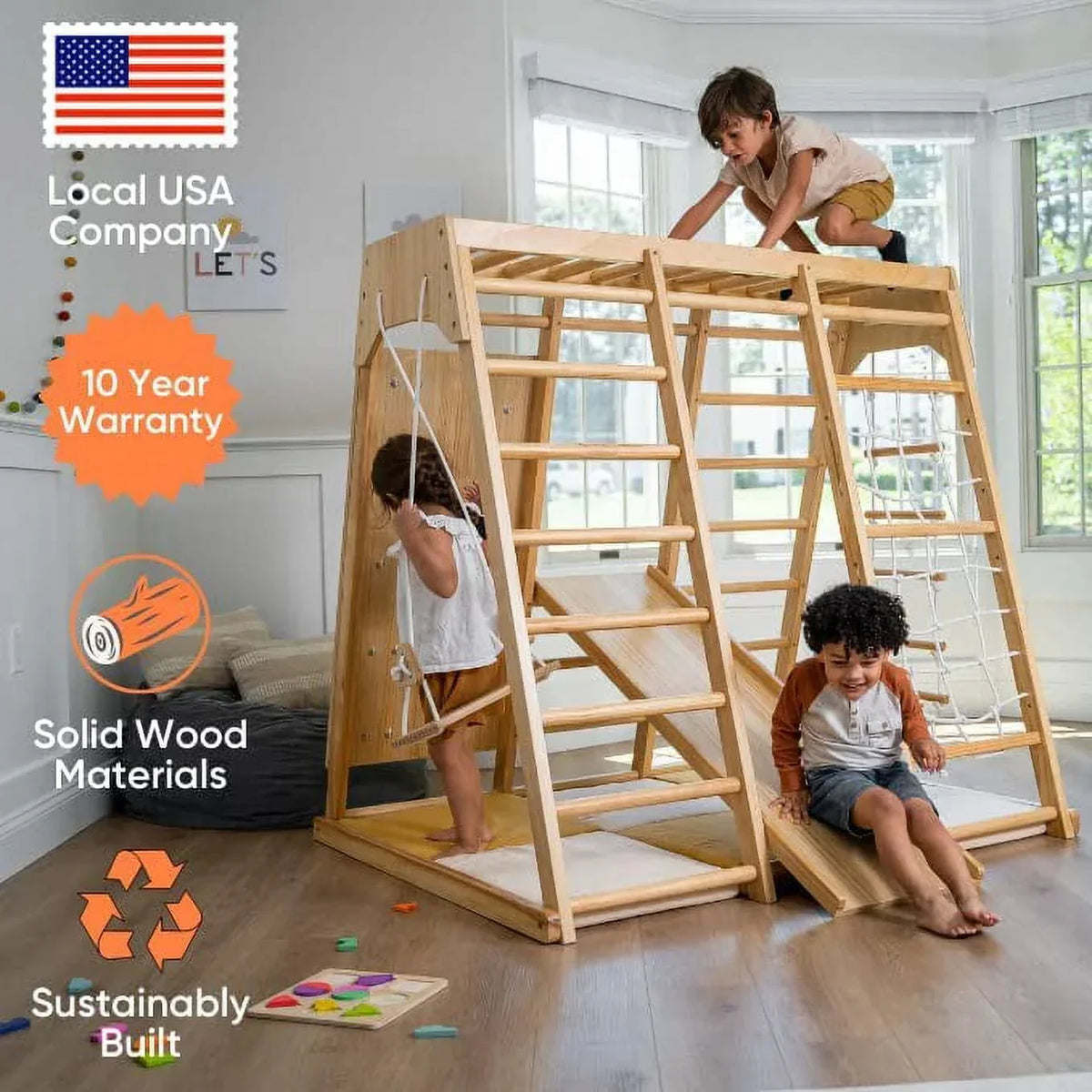 2026 NewAvenlur Indoor Toddler and Child Indoor Gym Playground Climber - Real Wooden Playset 6-in-1 Slide, Rock Climb Wall, Rope Wall Climbing, Monkey Bars, Swing, Ladder Fun Gym for Children
