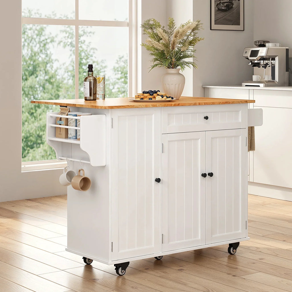 2026 NewNoelse Kitchen Island with Storage, Island Table for Kitchen with Drop Leaf, Spice Rack, Towel Bar for Small Kitchens, White