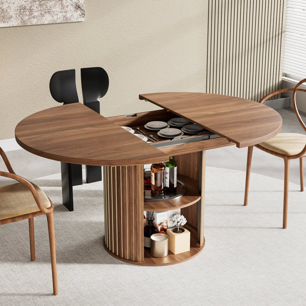 2026 NewExtendable Dining Table for 4-6, Round Kitchen Table with Storage Shelf, Oval Dining Tables for Living Room (Walnut)
