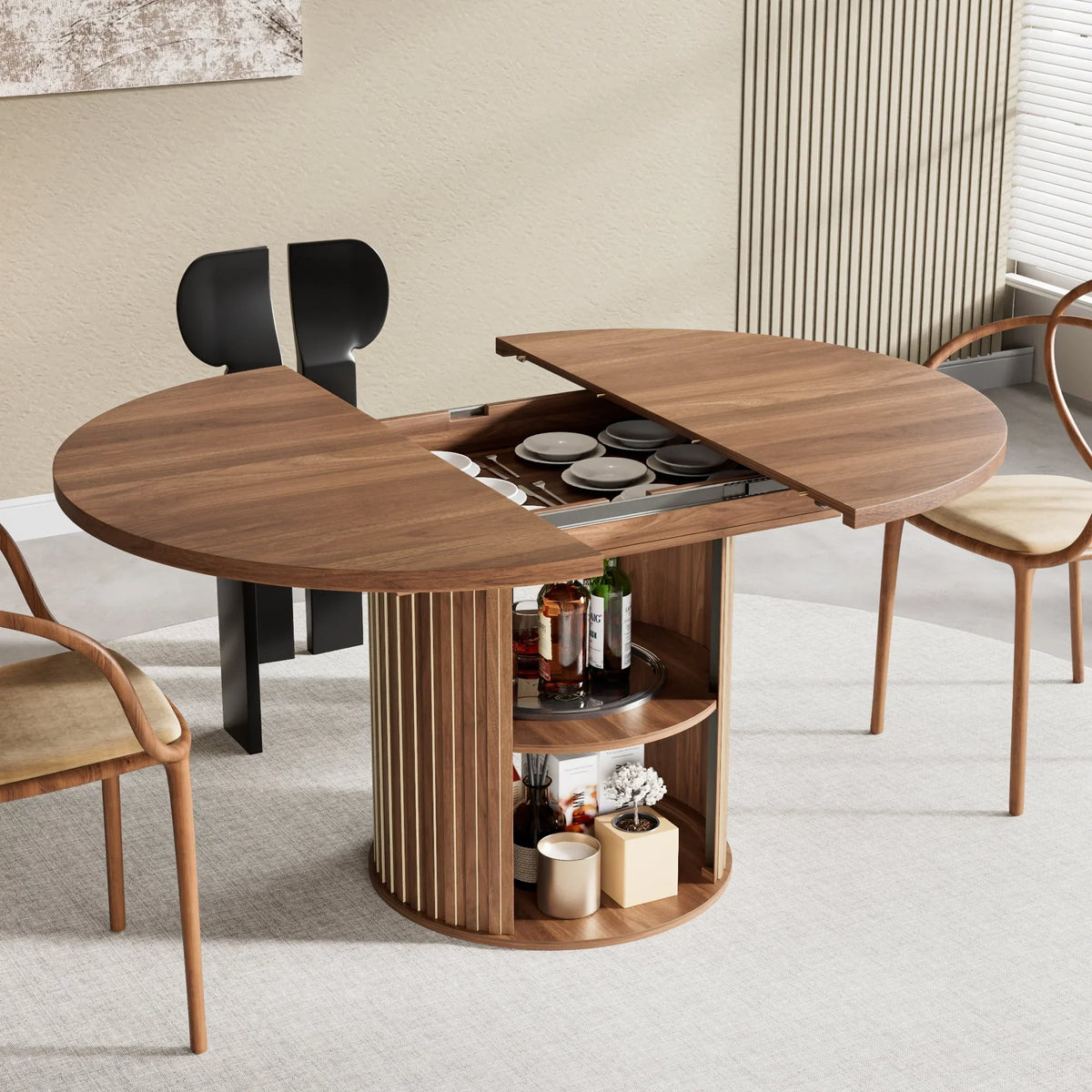 2026 NewExtendable Dining Table for 4-6, Round Kitchen Table with Storage Shelf, Oval Dining Tables for Living Room (Walnut)
