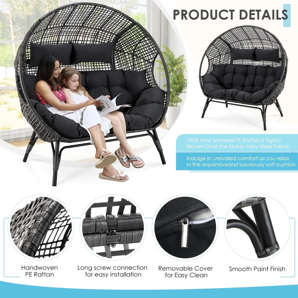 2026 NewRADIATA Double Egg Chair for 2 Person, Oversized Wicker Loveseat with Thick Cushions, 680 lbs Capacity, Indoor Outdoor Stationary Patio Lounge Chair for Balcony, Garden, Beige