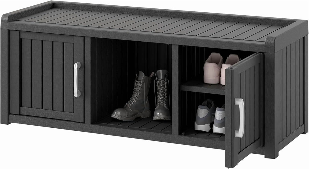 2026 NewKAMABOKO Outdoor Shoe Storage Cabinet, Waterproof UV-Resistant Entryway Storage Bench Indoor Outdoor with 2 Barn Doors, Adjustable Shelves for Entryway, Bedroom, Hallway,Living Room(Black)