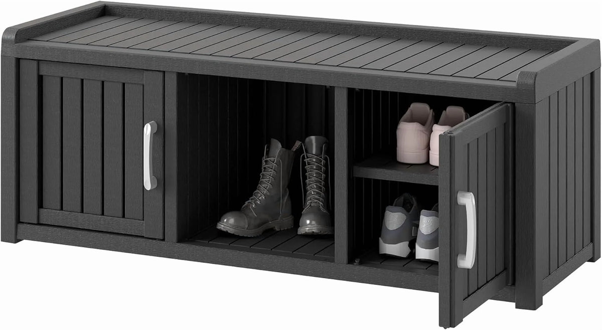 2026 NewKAMABOKO Outdoor Shoe Storage Cabinet, Waterproof UV-Resistant Entryway Storage Bench Indoor Outdoor with 2 Barn Doors, Adjustable Shelves for Entryway, Bedroom, Hallway,Living Room(Black)
