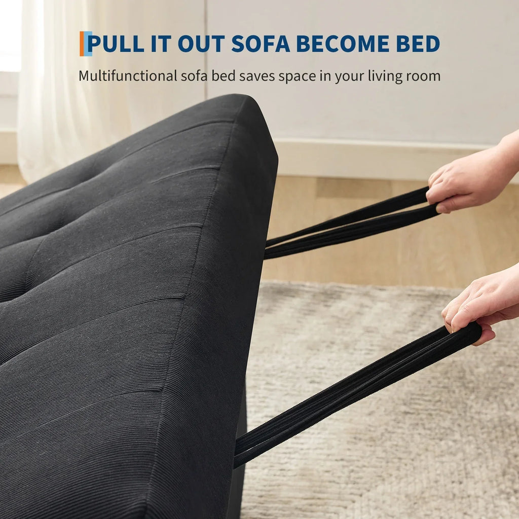 2026 New3 in 1 Convertible Sleeper Sofa Bed, Corduroy Futon Couches with Pull-Out Bed, Adjustable Backrest, Charging Port & Side Pockets, Modern Upholstered Sofa for Living Room, Guest Room
