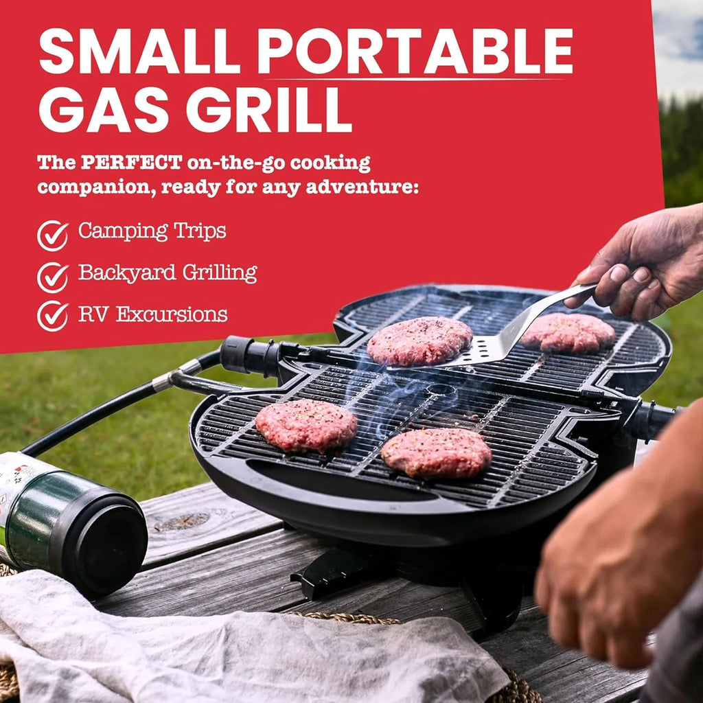 2026 NOMADIQ Parrilla portátil de gas propano | Pequeña, pequeña y ligera barbacoa de mesa | Perfecta para camping, portón trasero, cocina al aire libre, RV, barcos, viajes (parrilla)