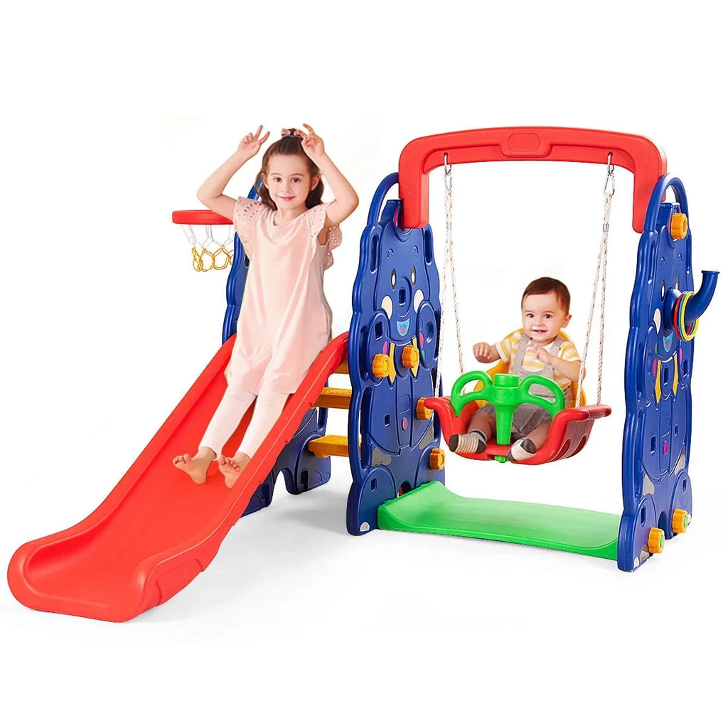 2026 NewCostway 3 in 1 Junior Children Climber Slide Swing Seat Basketball Hoop Playset Backyard