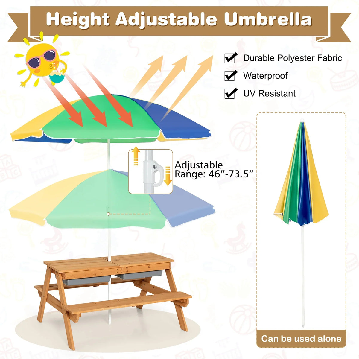 2026 NewCostway 3-in-1 Kids Picnic Table Wooden Outdoor Sand & Water Table with Umbrella Play Boxes Green
