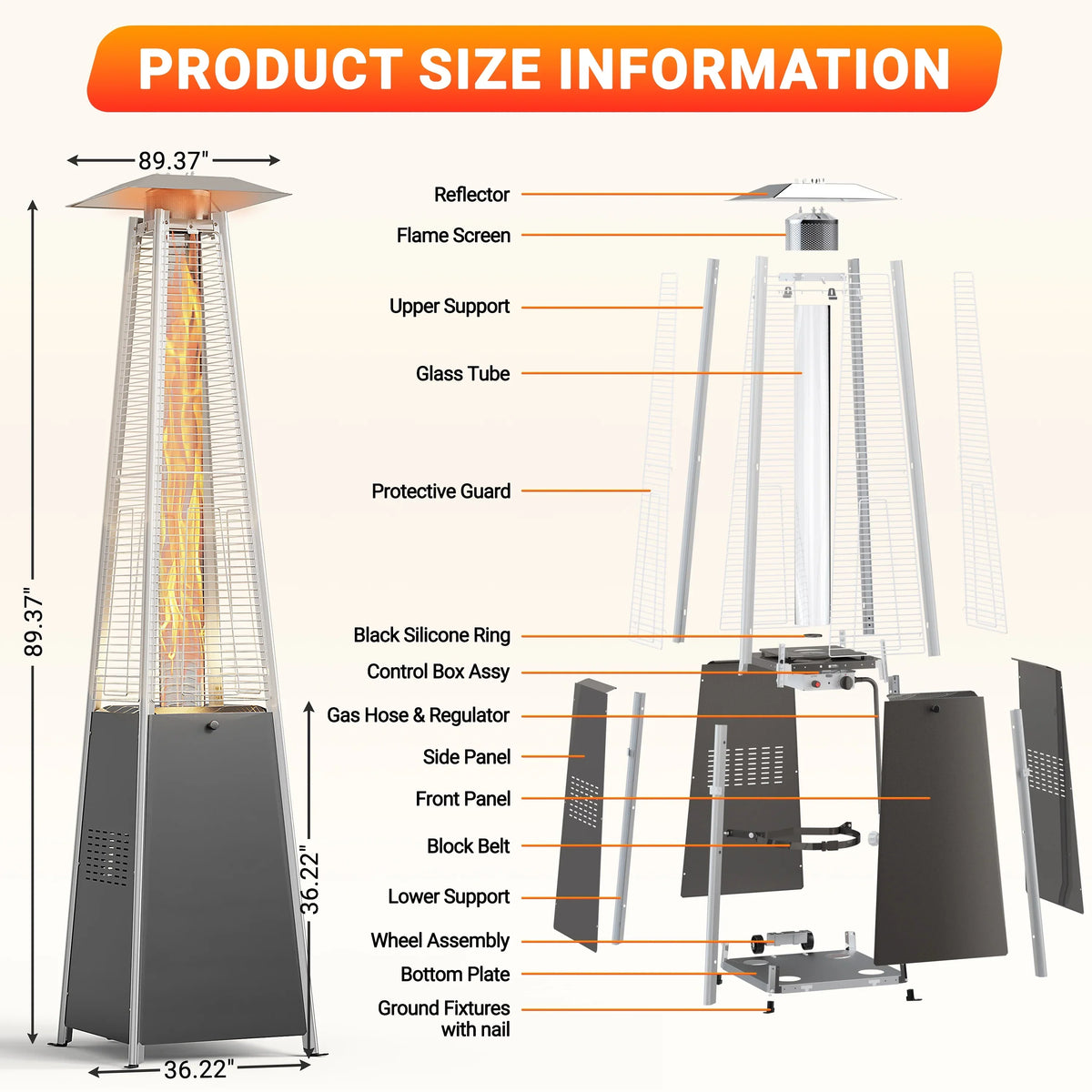 2026 NewSegmart 48,000 BTU Pyramid Patio Heater, Tall Standing Outdoor Propane Heater with Wheels & Tip-Over Safety Protection, Visible Flame Glass Tube for Backyard, Garden, Commercial Use - Gray
