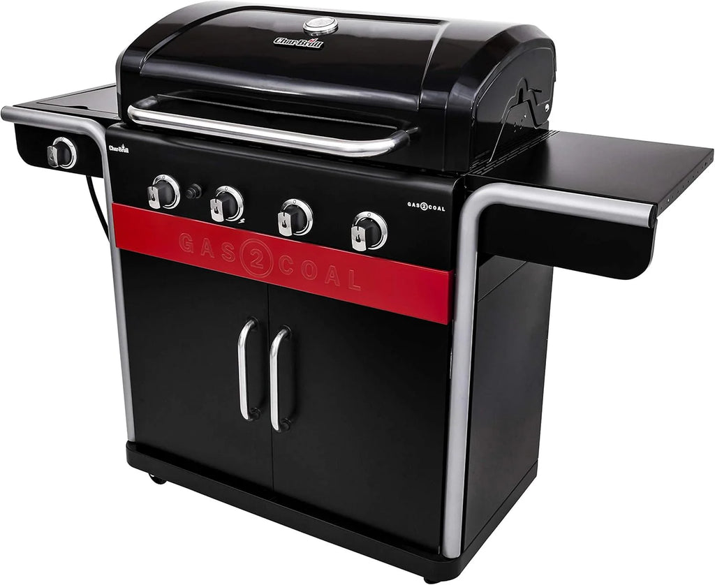 2026 Gas2Coal® Barbacoa híbrida: barbacoa de gas y carbón de tres quemadores, acabado en negro.