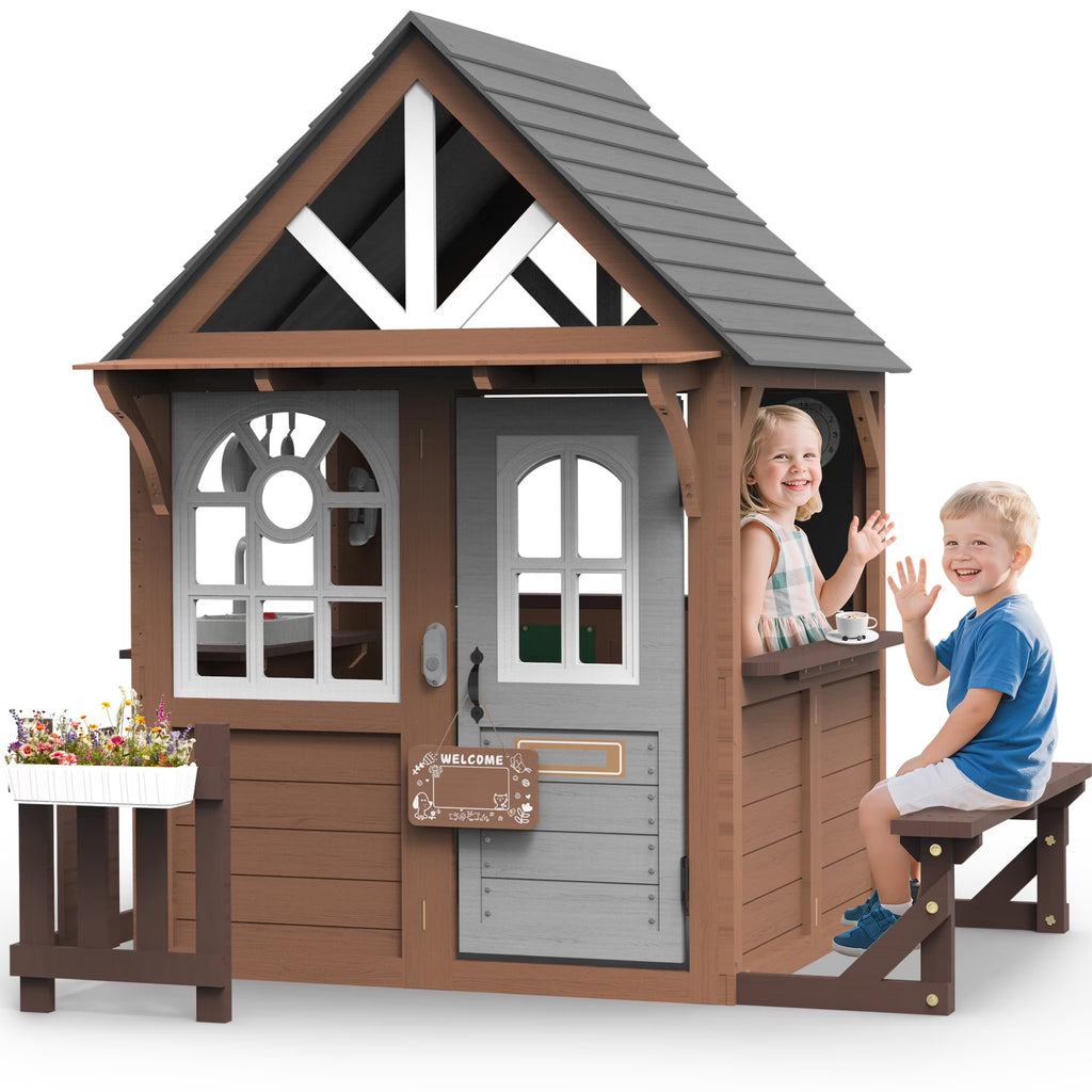 2026 NewCOCLUB Outdoor Playhouse, Wooden Playhouse for Kids Toddlers, Large Kids Playhouse with Bench/Fence/Kitchen/Door Nameplate/Pretend Phone, Girls Boys Outdoor Toy Gift for Ages 3+, (62.99"W* 67.32"L)