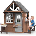 2026 NewCOCLUB Outdoor Playhouse, Wooden Playhouse for Kids Toddlers, Large Kids Playhouse with Bench/Fence/Kitchen/Door Nameplate/Pretend Phone, Girls Boys Outdoor Toy Gift for Ages 3+, (62.99"W* 67.32"L)