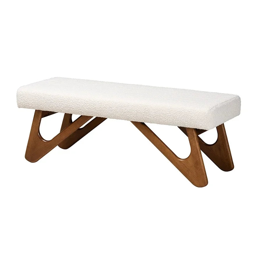 2026 NewBaxton Studio Rika Japandi Cream Boucle Fabric and Walnut Brown Finished Wood Bench