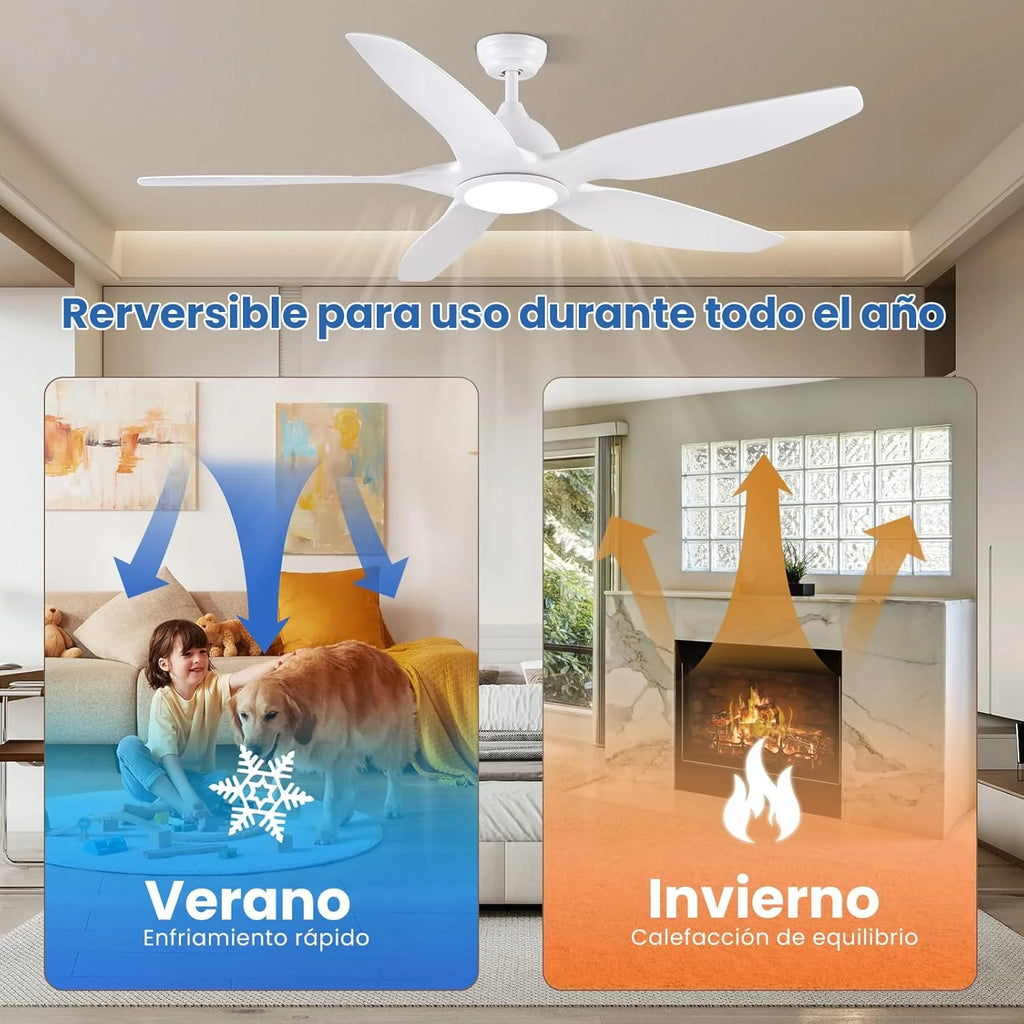 2026 Newday Ventilador de techo de 153 cm, blanco, con luz y mando a distancia, regulador LED, motor DC reversible, 5 aspas silenciosas