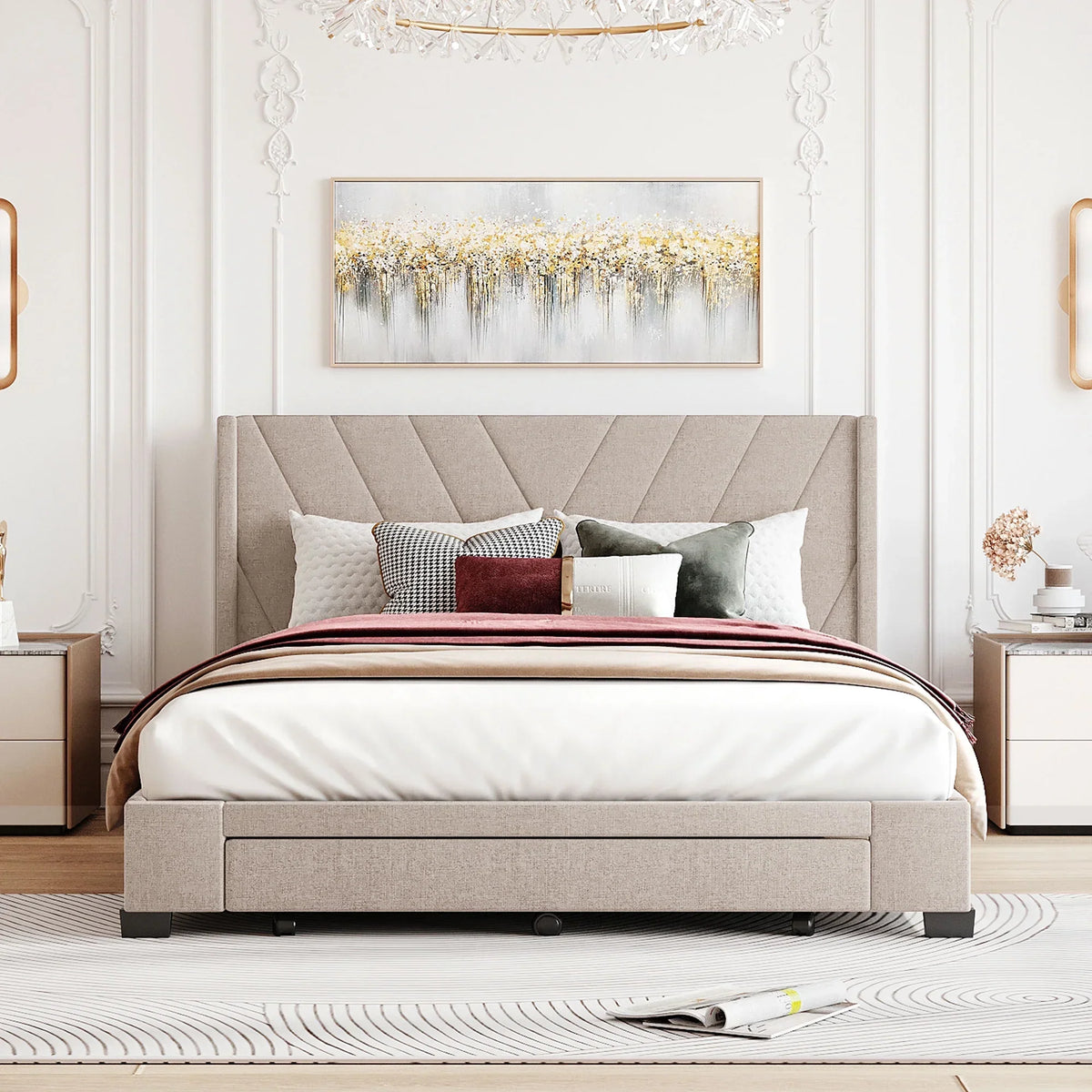 2026 NewSesslife Queen Bed Frame with Storage, New Upgraded Linen Upholstered Platform Bed with 3 Drawers, Queen Size Storage Bed with Headboard and Wooden Slats, No Box Spring Needed, Holds 500lbs, Beige